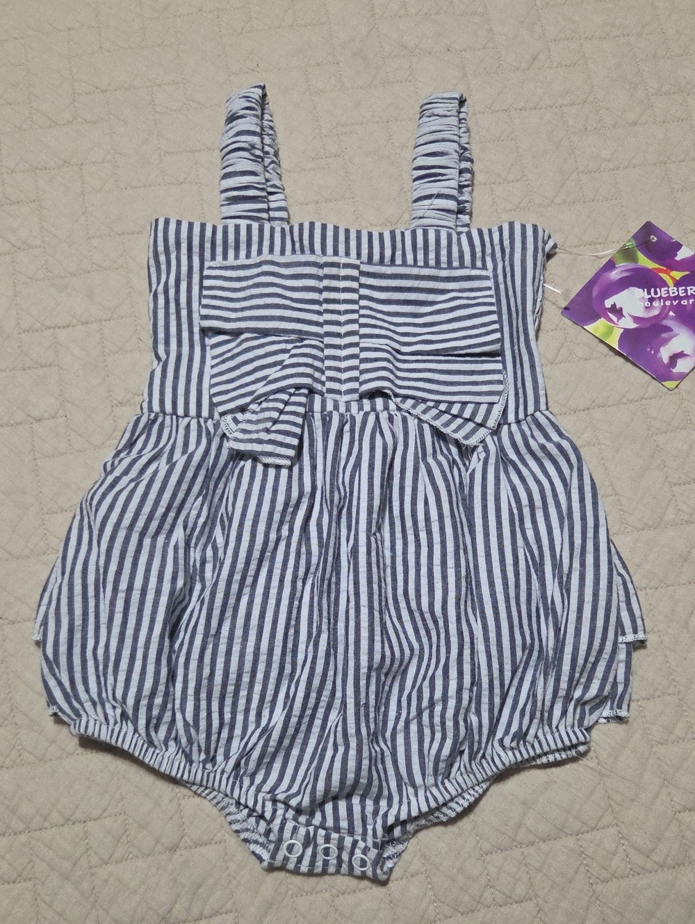 Blueberi Boulevard Navy and White Striped Bubble Romper with Bow